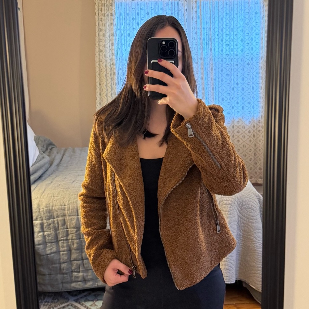 Warm brown teddy moto style jacket size Small